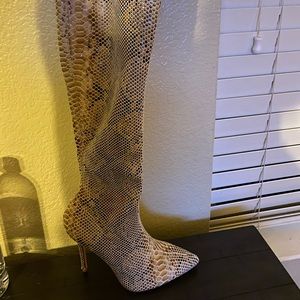 Beige snake print thigh high boots